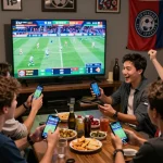 Soi kèo bóng đá strategies in an exciting sports betting environment with friends celebrating their bets.
