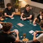 Players participating in thrilling game bài đổi thưởng with intense strategies displayed during an online poker night.