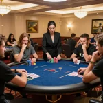 Players in an intense kkwin poker game surrounded by luxurious decor