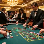 Xin88 players enjoying a thrilling roulette game at a luxurious casino with vibrant atmosphere