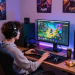 Fun79 gaming enthusiast immersed in vibrant online fishing game environment showcasing colorful graphics and gaming peripherals.