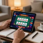 Engaging in online gaming via lc88 đăng nhập on a tablet while managing a betting strategy notebook at home.