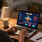 Engaging with 789 Club online casino game on a laptop in a cozy living room, enhancing the gaming experience