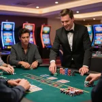 kk55 players enjoying blackjack at an upscale casino table with dealer interaction