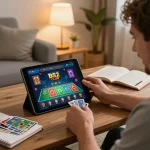 B52 Club player engaging with the casino app on tablet in a cozy home setup