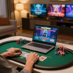 Gambling enthusiast enjoying online gaming on a laptop, immersed in the 88clbgo casino experience.