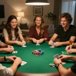Jun88 players enjoying a poker game night with friends, showcasing camaraderie and strategy.