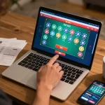 Player engaging in Tài Xỉu gameplay on taixiuonline8 laptop, vibrant digital interface with betting options and chips.