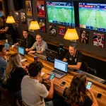 Group of bettors engaging with 1gom betting app during a live sports event at a sports bar
