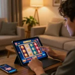 Player enjoying 888bgo app on tablet in stylish home setting, engaged in responsible online gambling.