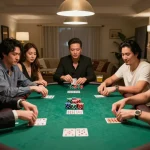 Players engaging in a thrilling poker game at home, showcasing the BL555 experience of social gambling.