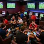 Sports fans analyzing betting odds at keonhacaii88's vibrant lounge during live matches.
