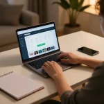 Engaging with dagago on a sleek laptop for strategic online gambling in a cozy home office