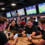 Sports betting excitement at a lively venue showcasing kèo nhà cái on digital screens.