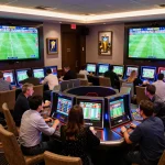 Engaged bettors analyzing keo nha cai 5 at dynamic sports betting area in a luxury casino