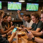 Friends engaging in fun88 sports betting while cheering for their favorite team at a lively sports bar.