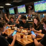 Bongdallu sports betting scene featuring excited patrons analyzing odds on mobile devices.
