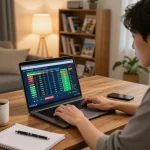 Engaged user exploring keobongda for live sports betting with laptop and strategy notes in cozy home setting.