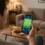 Engaged bettor analyzing joya9 best cricket odds on smartphone during a lively game.