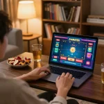 Engaging online casino game experience on xin88's user-friendly interface at home with snacks.