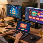 Bong88 user engaging in online gaming with laptop and casino app in a cozy setting.
