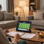 Cakhiatv user engaging with football live scores on tablet in a comfortable home setting.