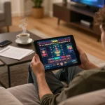 Engaging in TR88 online casino gameplay on tablet while sipping coffee at home