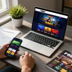 Engage with F8BET's online casino while strategizing with notes and a gaming guide.