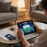 Players engaging with the 13win poker game on a tablet in a cozy home setting