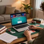Engaging poker gameplay on gamebaidoithuong8 from a cozy home setup, showcasing strategic decision-making.