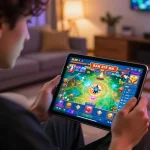 Bắn cá đổi thưởng gameplay shown on tablet screen, capturing excitement in an inviting online gaming room.