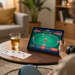 Engaged user playing online poker at home, highlighting 88vvgo gaming opportunities and strategies.