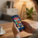 Player using the GO8 casino app on smartphone for strategic betting in a cozy setting.