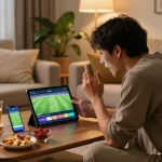 Xoilac TV live football streaming interface on tablet during an engaging home gaming session.