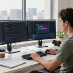 MoltBot mac setup in a modern workspace with dual monitors showing code and design, creating a productive atmosphere.