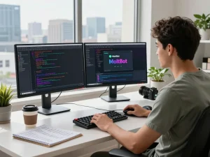 MoltBot mac setup in a modern workspace with dual monitors showing code and design, creating a productive atmosphere.