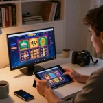 Person using 789betgo tablet for online gaming in cozy home setup