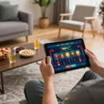 Player exploring 789BET casino app on tablet during a home gaming session, showcasing online gambling experience.