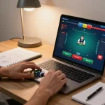 Player engaging in online poker strategy at home with lv88seo digital interface visible.
