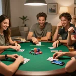 Friends playing poker strategically at home during a fun game night, sunwingo gambling experience.