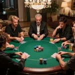 Players engaging in an intense poker game at a luxury home setting as excitement builds during the XX88 showdown.