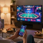 Player enjoying the abc8go mobile app during casual online gaming session at home