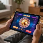 Engaging in the NK88 mobile gaming app, enjoying strategic roulette action from a cozy home setting.