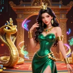 Engage with thrilling gambling experiences at kjc featuring a glamorous woman and golden cobra.