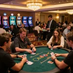 Players actively betting at Luck8 casino, vibrant slot machines and warm lighting create a thrilling atmosphere.