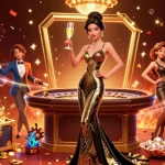 Experience winning thrills at O8 COM's vibrant casino scene with a glamorous Asian woman and dynamic game elements.