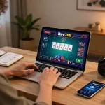 Player engaging in online poker at Bay789, showcasing strategy notes and gaming atmosphere.