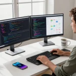 Developer coding in an open workspace with the Open Claw AI interface visible, highlighting productivity and innovation.