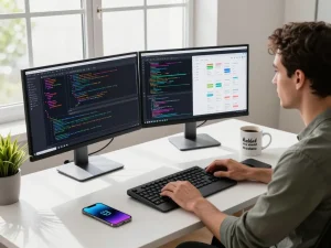 Developer coding in an open workspace with the Open Claw AI interface visible, highlighting productivity and innovation.
