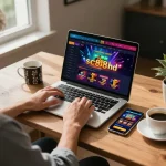 Player engaging with the sc88hd online casino interface at home with laptop and smartphone.